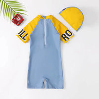 Boys Grey Dinosaur Print Swimwear Bodysuit With Swim cap Beachwear