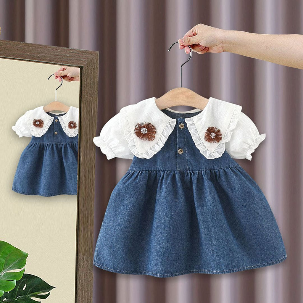 Girls Blue Puff Sleeve Peter Pan collar Denim Dress Casual Dresses Blue 1-2 Y 