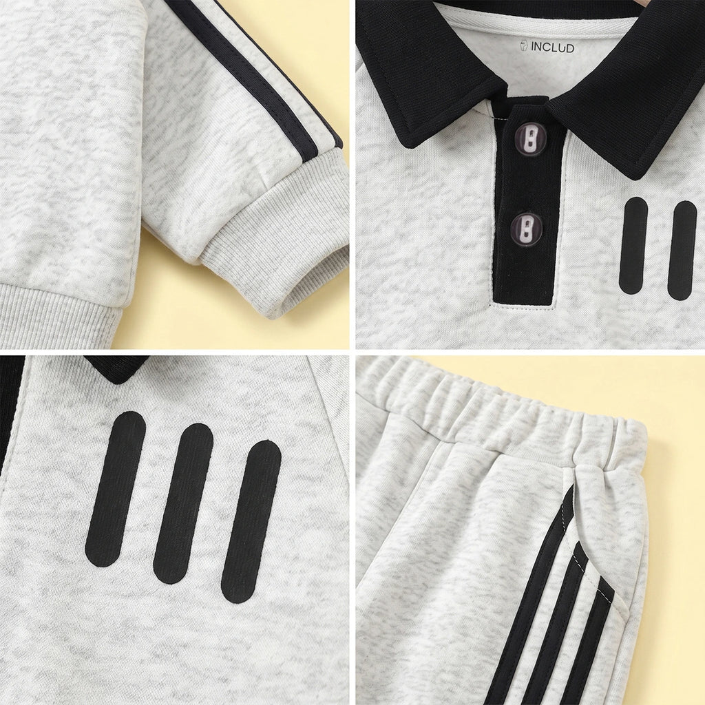 Boys Light Grey Striped Polo Collar Sweatshirt & Pants Co-ord Sets Sets
