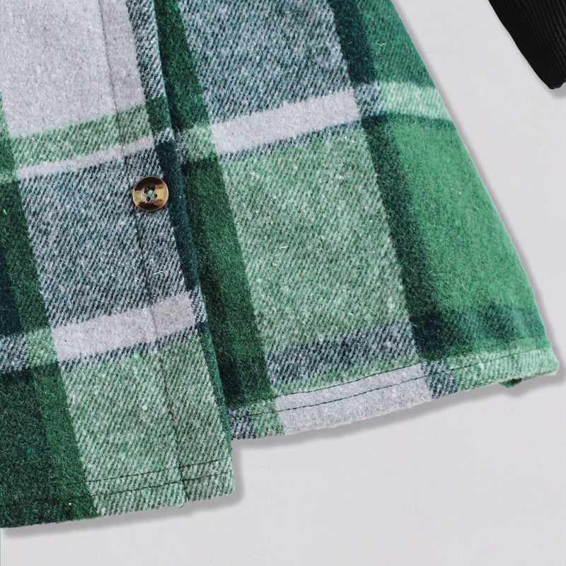 Girls Stand Collar Rib Top With Green Checked Skirt & Beret Hat Set Sets