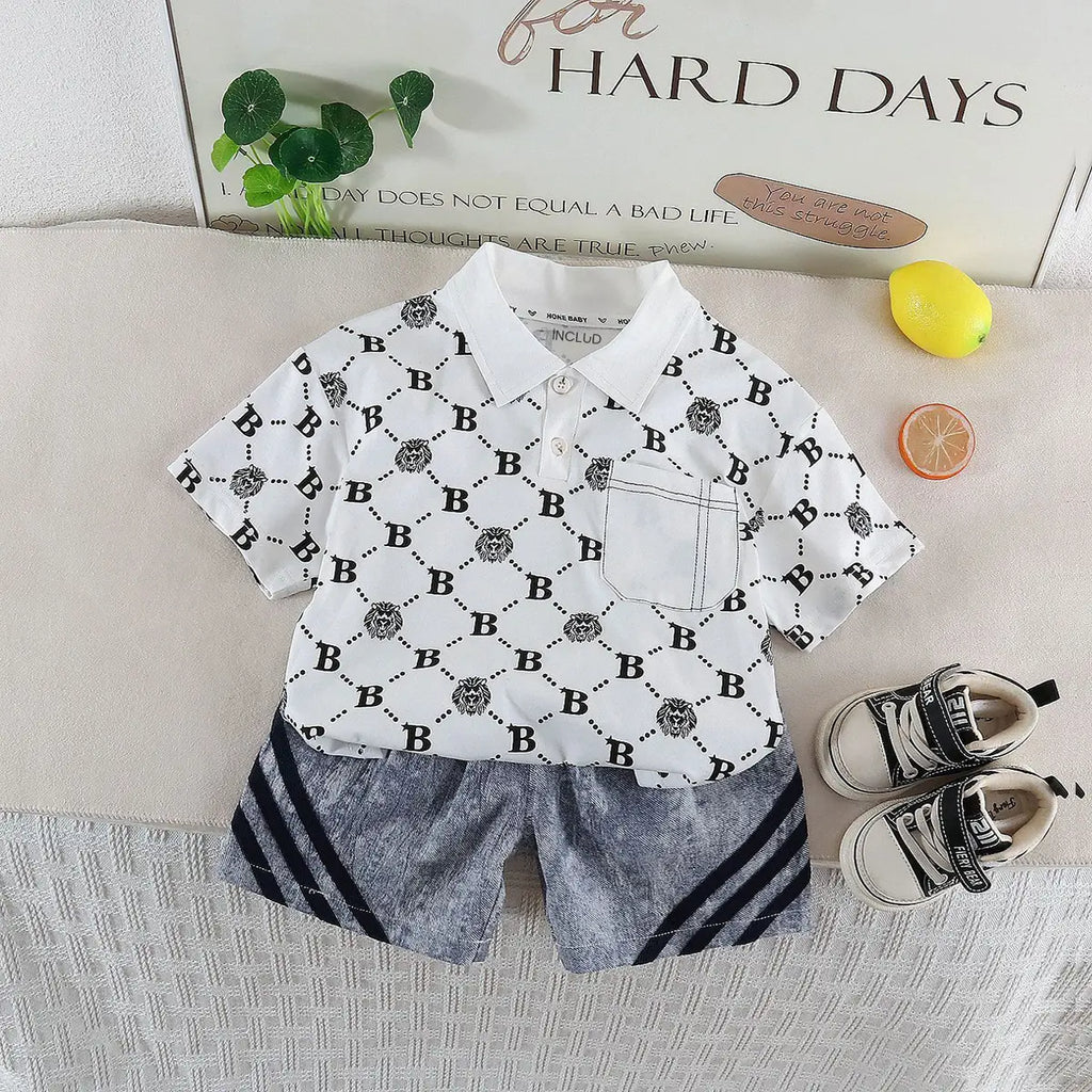 Boys White Lion Printed Short Sleeve Polo T-Shirt With Denim Shorts Sets 2 pc. Sets White 1-2 Y