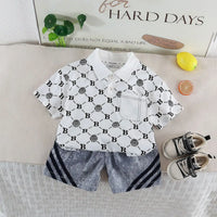 Boys White Lion Printed Short Sleeve Polo T-Shirt With Denim Shorts Sets 2 pc. Sets White 1-2 Y
