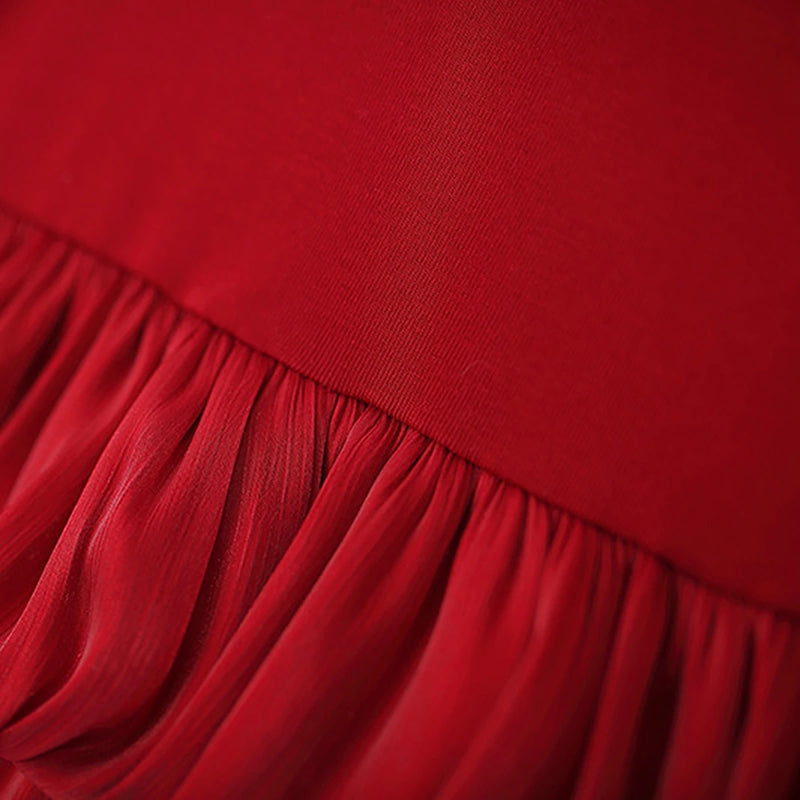 Girls Red Solid Layered Ruffle Dress With Bow Casual Dresses