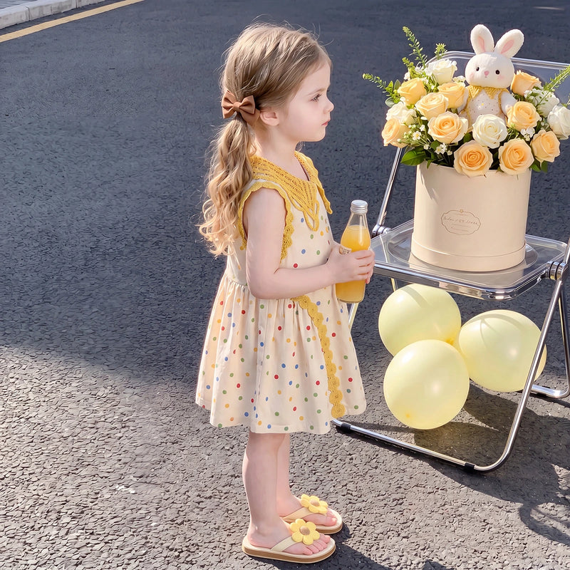 Girls Cream Polka Dot Print Sleeveless Dress Casual Dresses