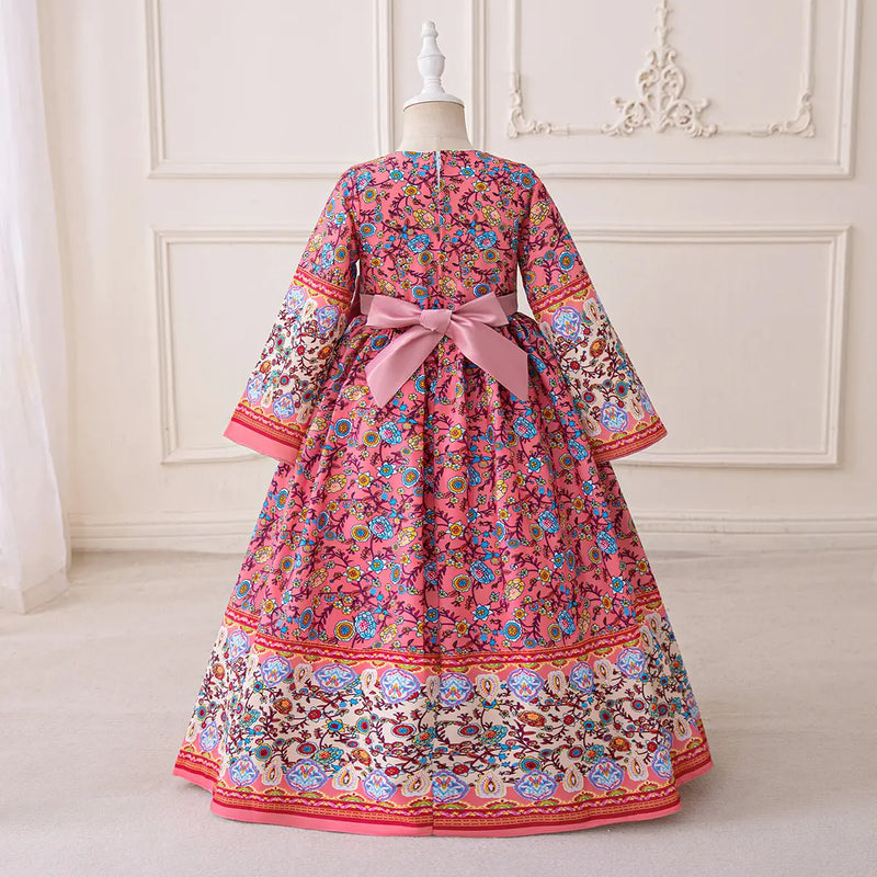Girls Pink Floral Maxi Dress With Long Sleeves Casual Dresses