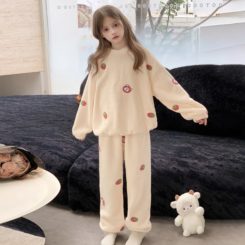 Girls Beige Strawberry Printed Oversized Sweatshirt With Pants Co-ord Sets Sets