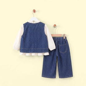 Girls Blue Applique Denim Vest With Top And Pants Sets 3 pc. Sets