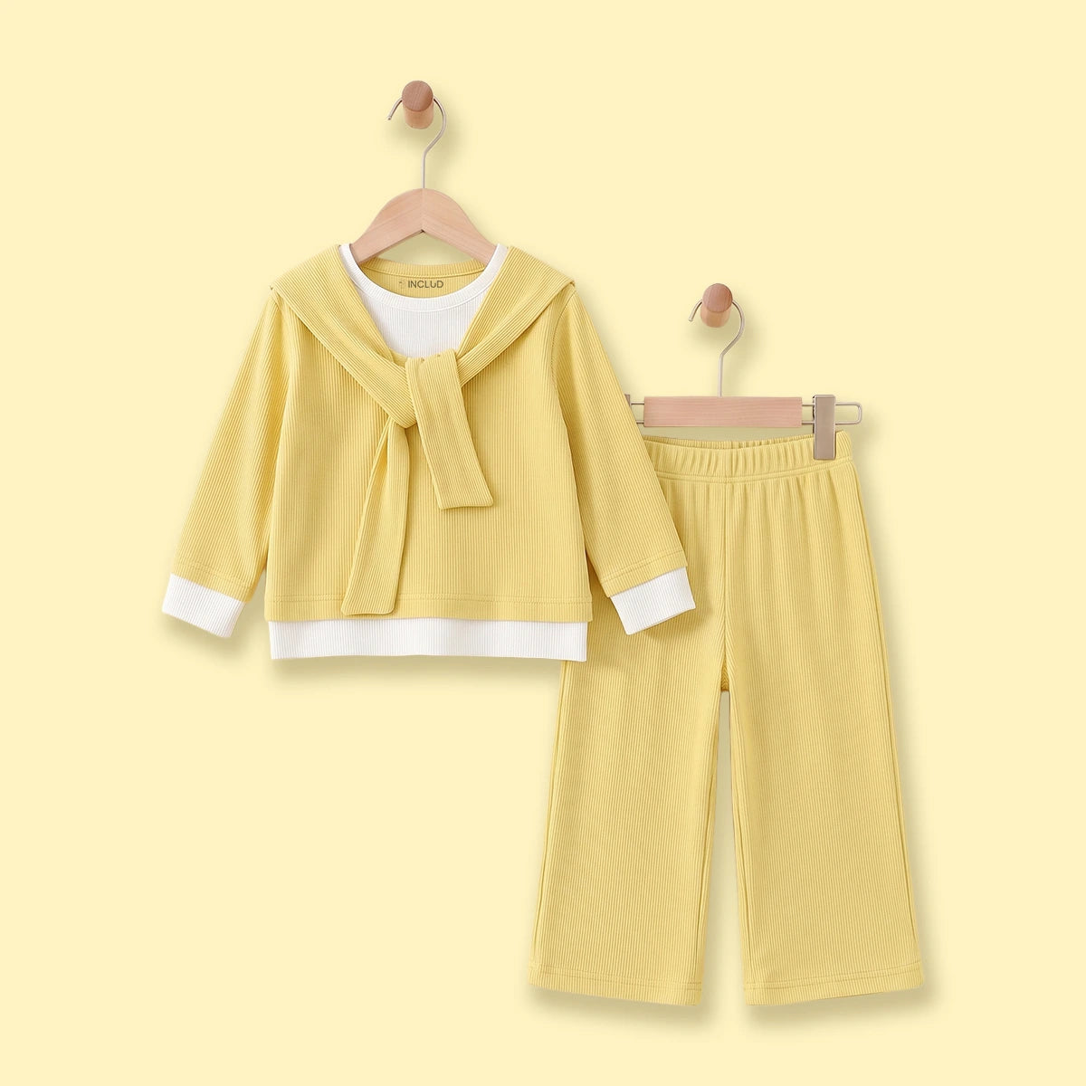 Girls Yellow Ribbed Sailor Collar Overlay Top & Pants Co-ord Sets Sets Yellow 1-2 Y