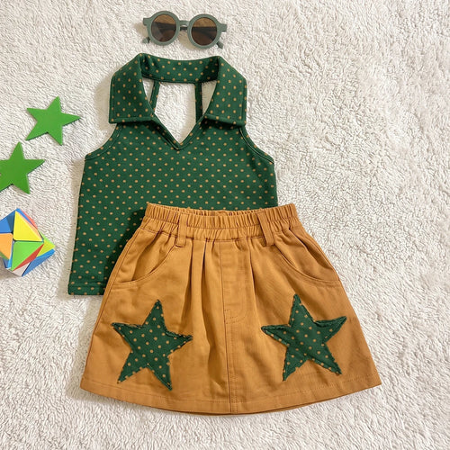 Girls Green Sleeveless Polka Dot Print Top With Skirt Sets 2 pc. Sets Green 1-2 Y
