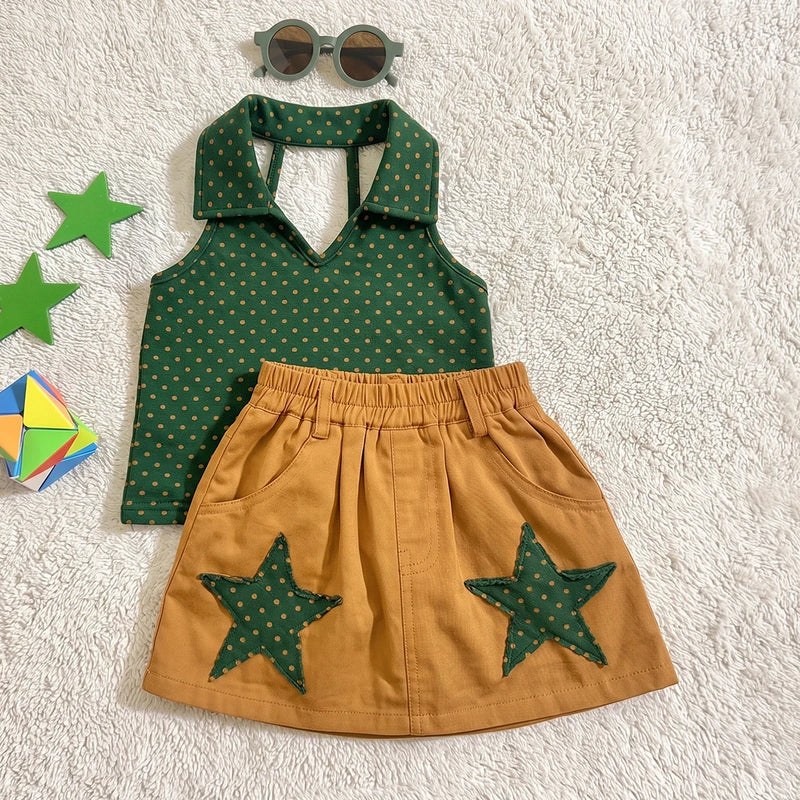 Girls Green Sleeveless Polka Dot Print Top With Skirt Sets 2 pc. Sets Green 1-2 Y