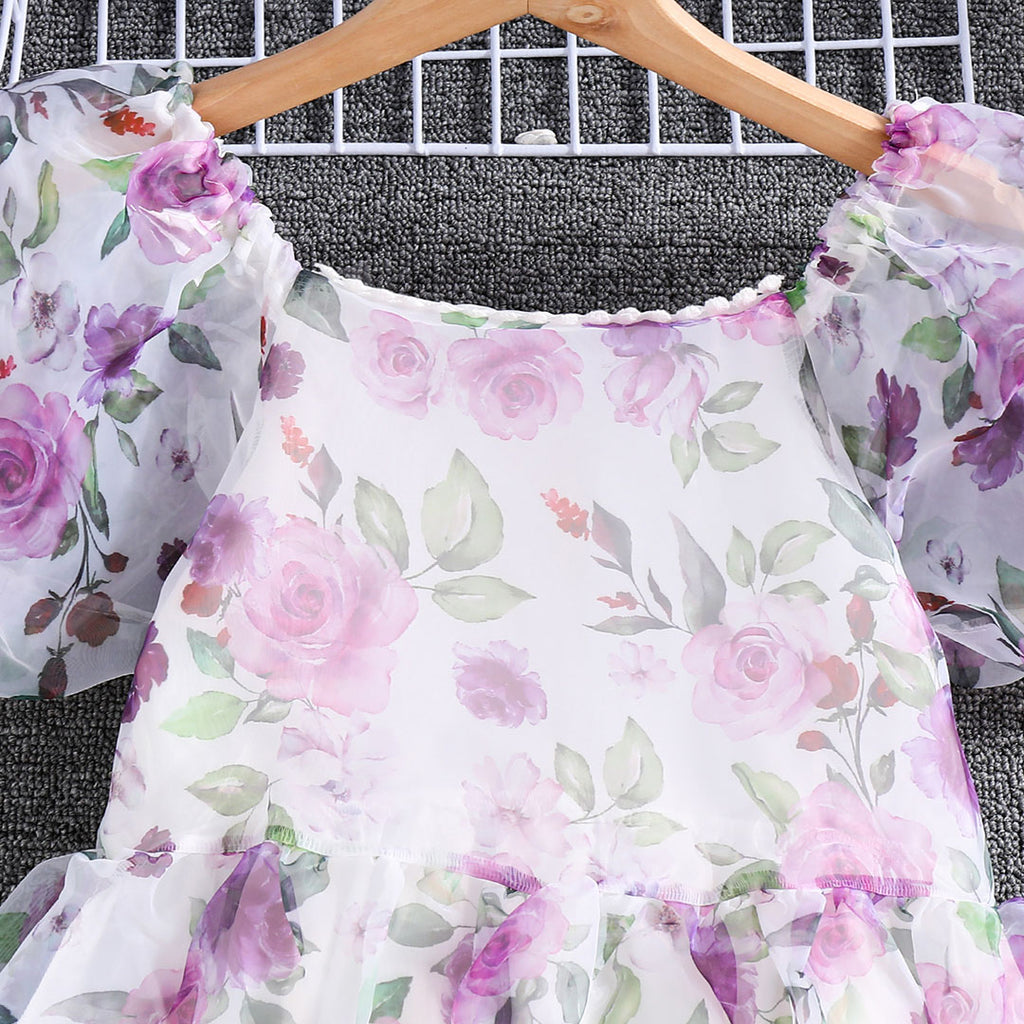 Girls White Floral Print Short Sleeve Fit & Flare Dress Casual Dresses