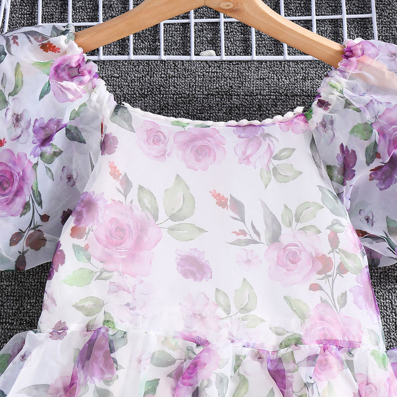 Girls White Floral Print Short Sleeve Fit & Flare Dress Casual Dresses