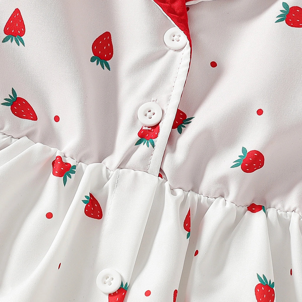 Girls White Strawberry Printed Sleeveless A-line Dress Casual Dresses