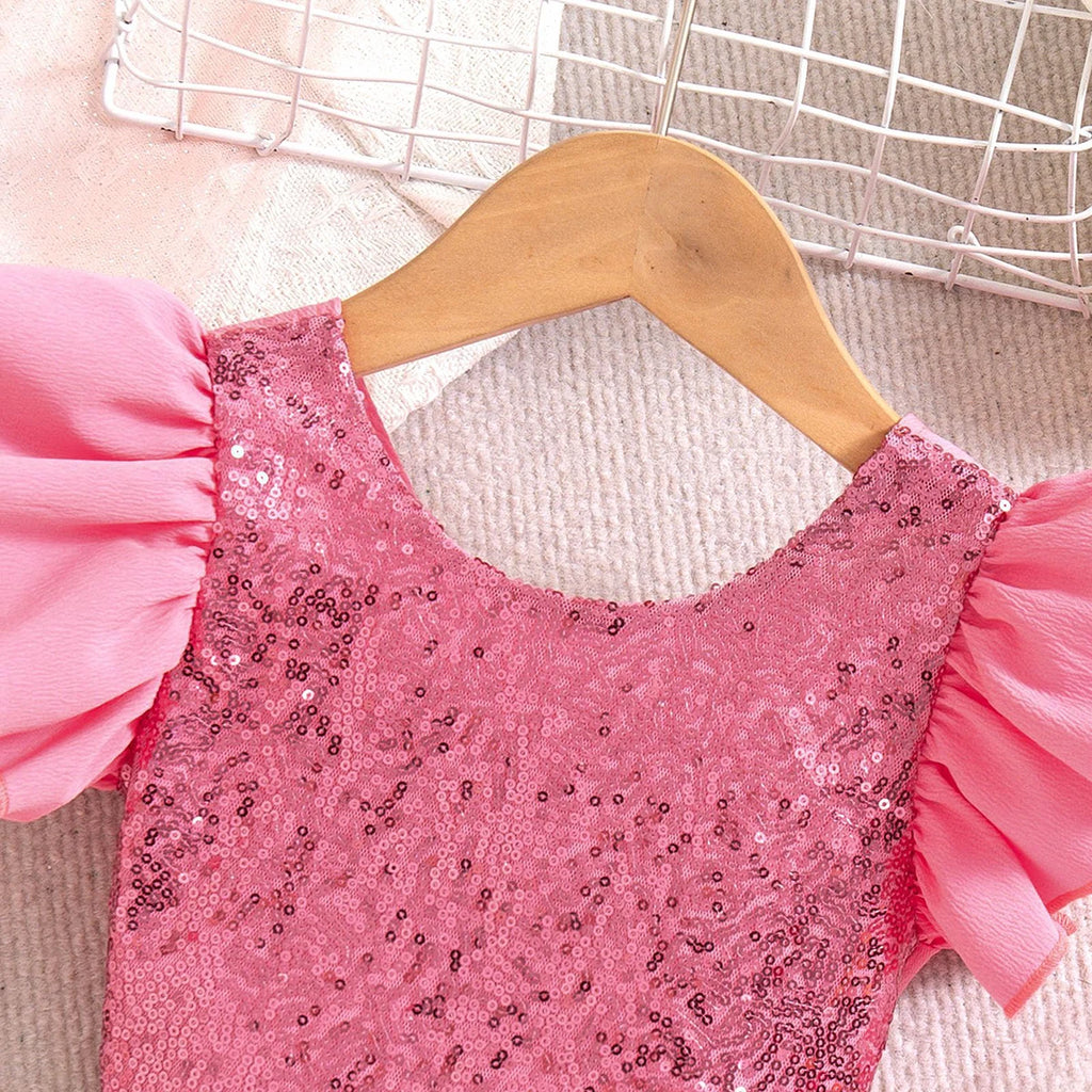 Girls Pink Sequins Embellished Flutter Sleeve Top With Shorts Sets 2 pc. Sets