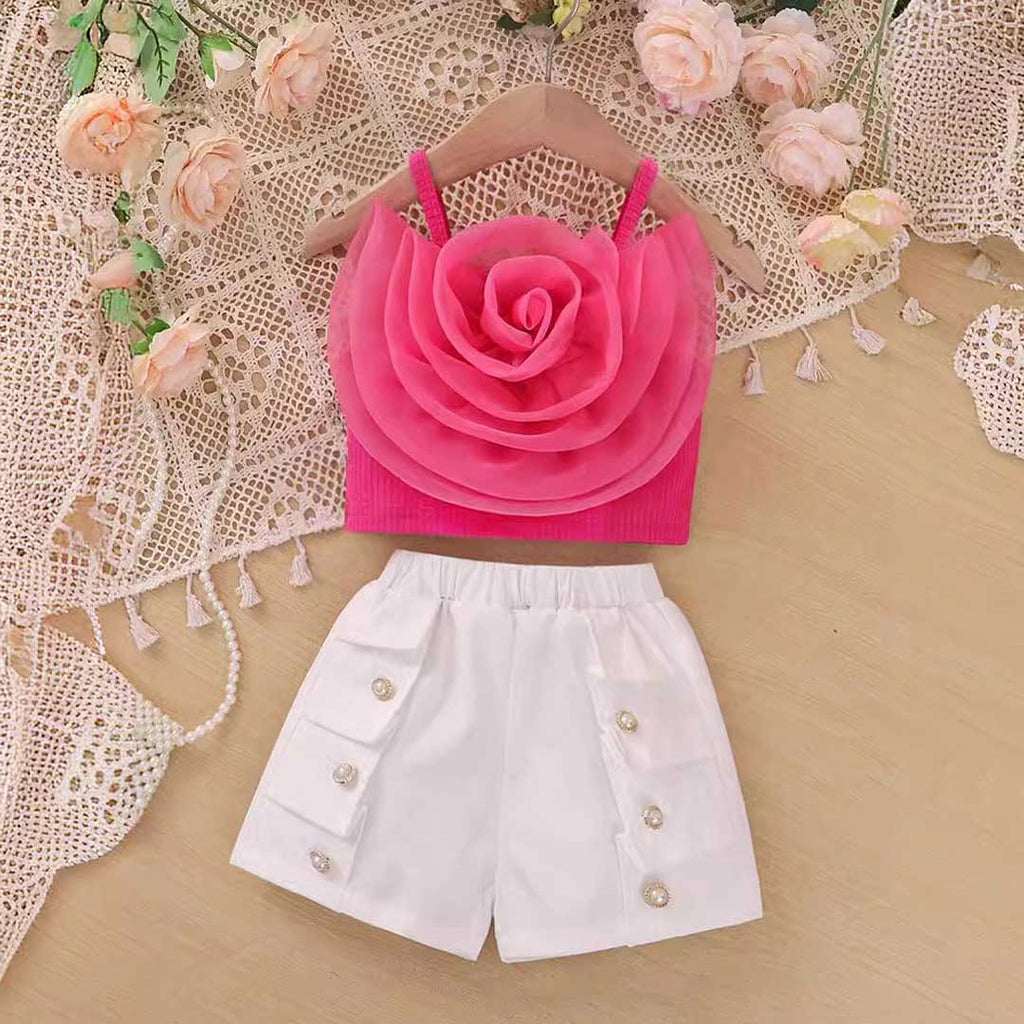 Girls Red Rose Flower Applique Camisole Top With Shorts Set 2 pc. Sets Red 4-5 Y 