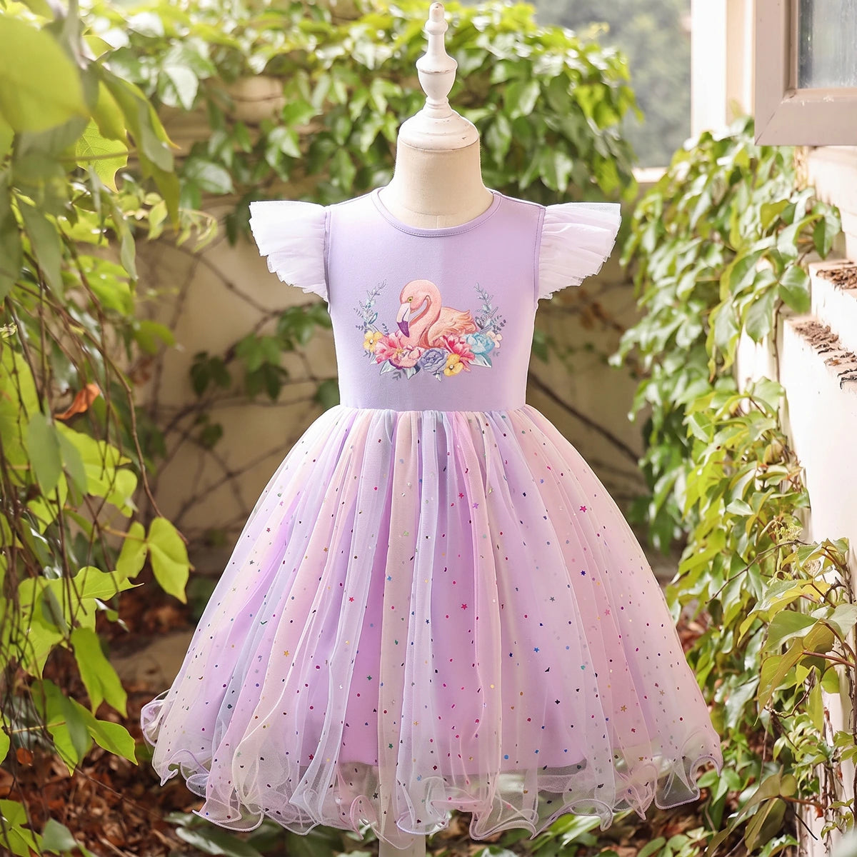 Girls Lavender Graphics Flutter Sleeve Fit & Flare Party Wear Dress Party Dresses Lavender 2-3 Y