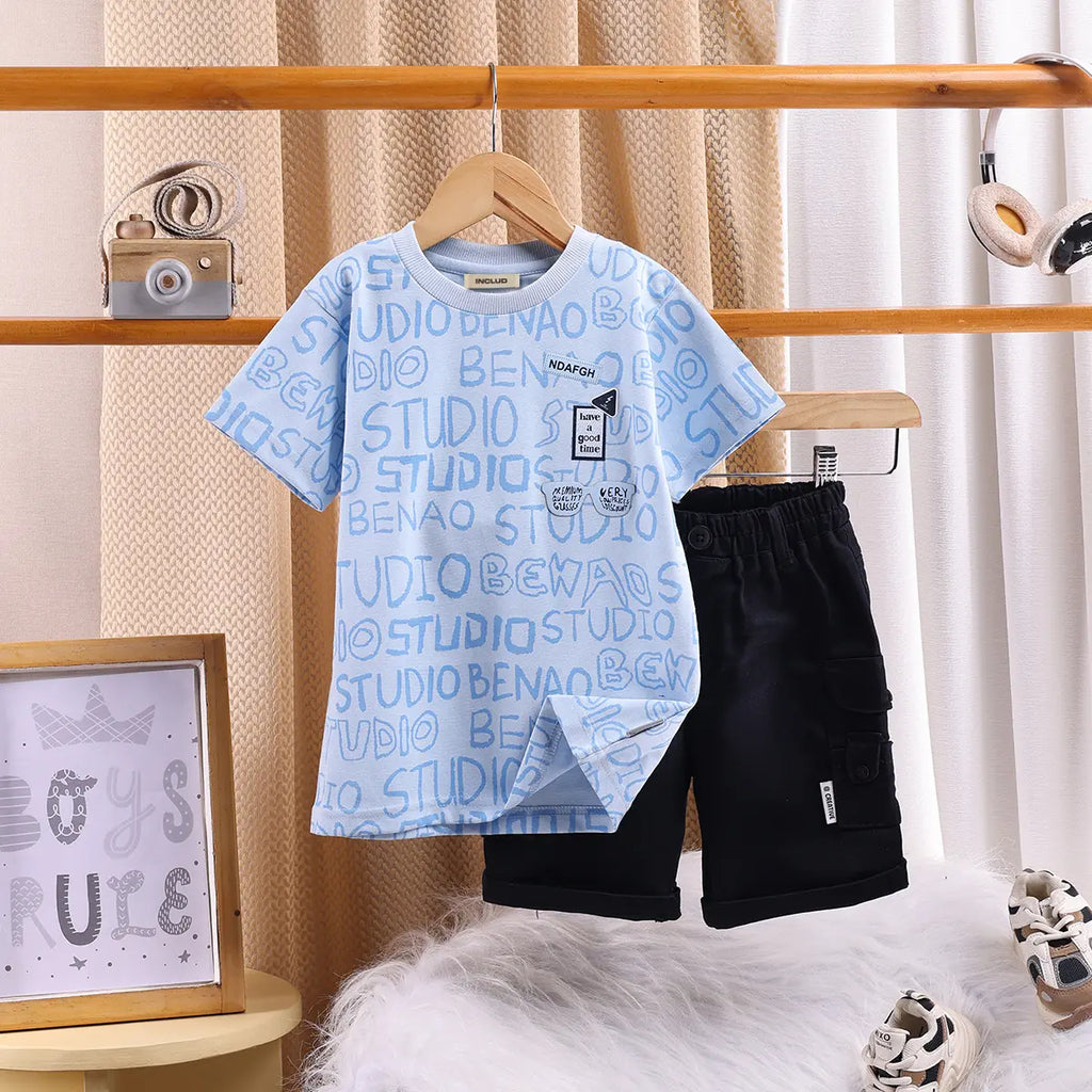Boys Blue Typographic Printed T-Shirt With Twill Shorts Sets 2 pc. Sets Blue 2-3 Y