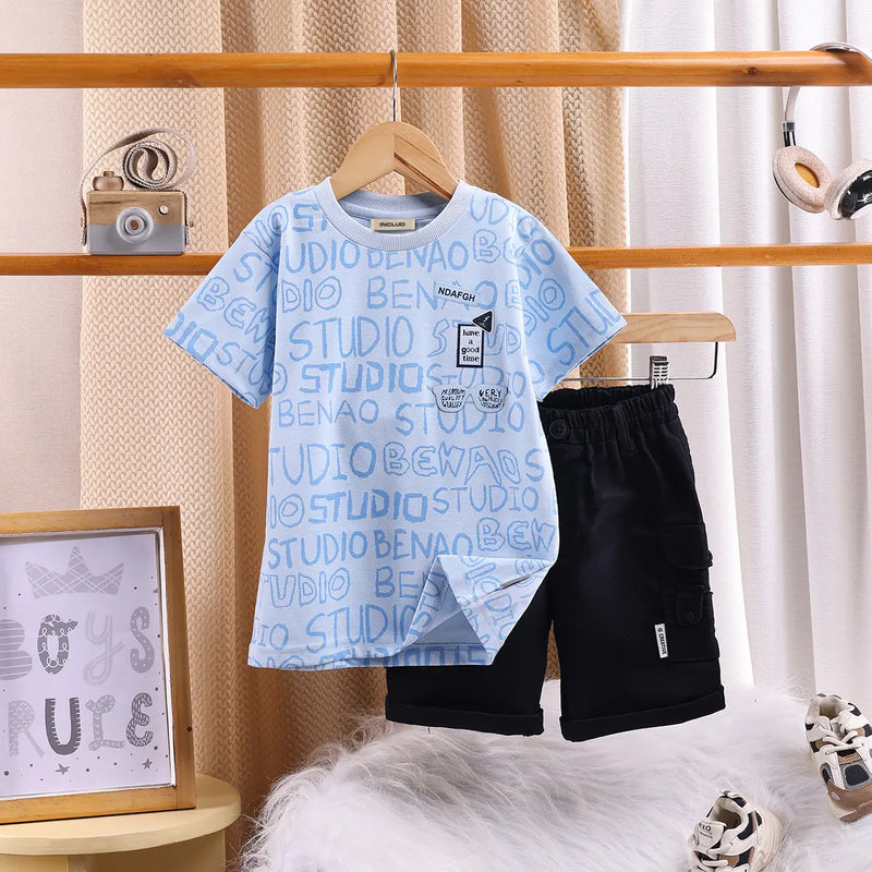 Boys Blue Typographic Printed T-Shirt With Twill Shorts Sets 2 pc. Sets Blue 2-3 Y