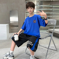 Boys Royal Blue Typographic Printed Oversized T-Shirt With Shorts Sets Sets