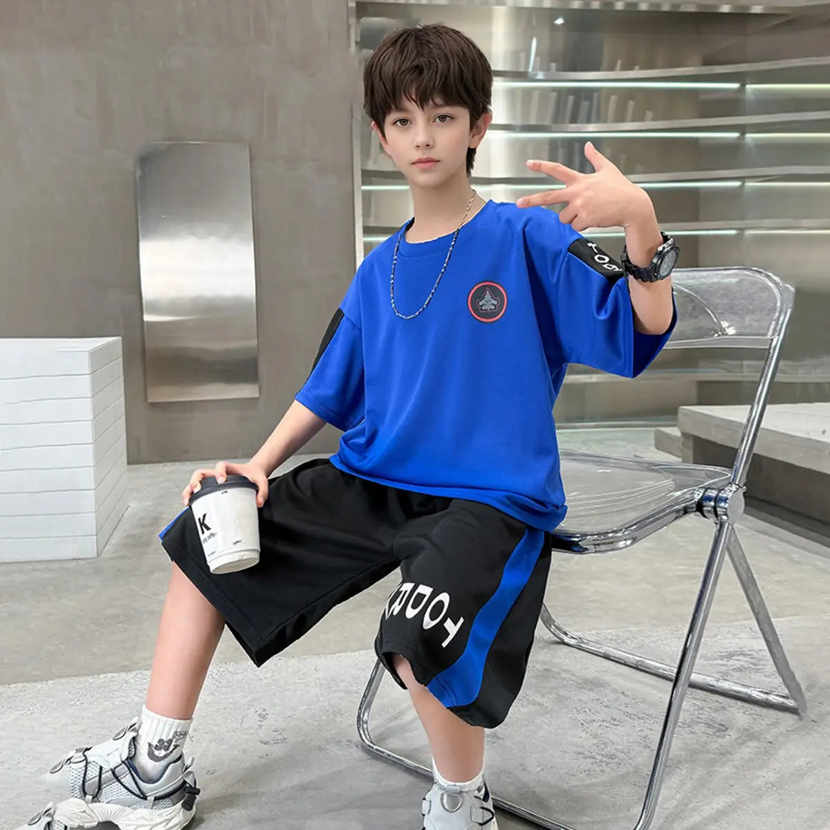 Boys Royal Blue Typographic Printed Oversized T-Shirt With Shorts Sets Sets