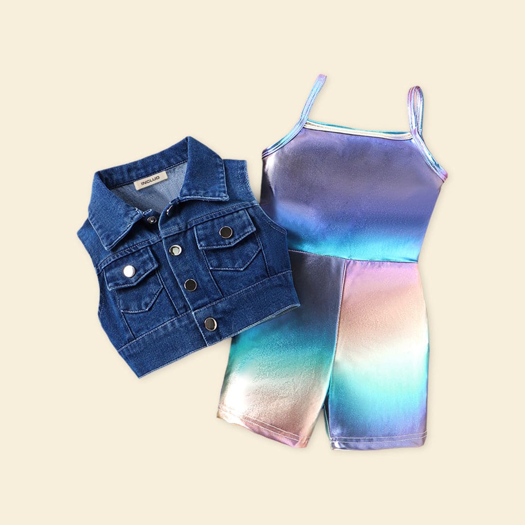 Girls Metallic Jumpsuit with Denim Shrug Set Jumpsuits   