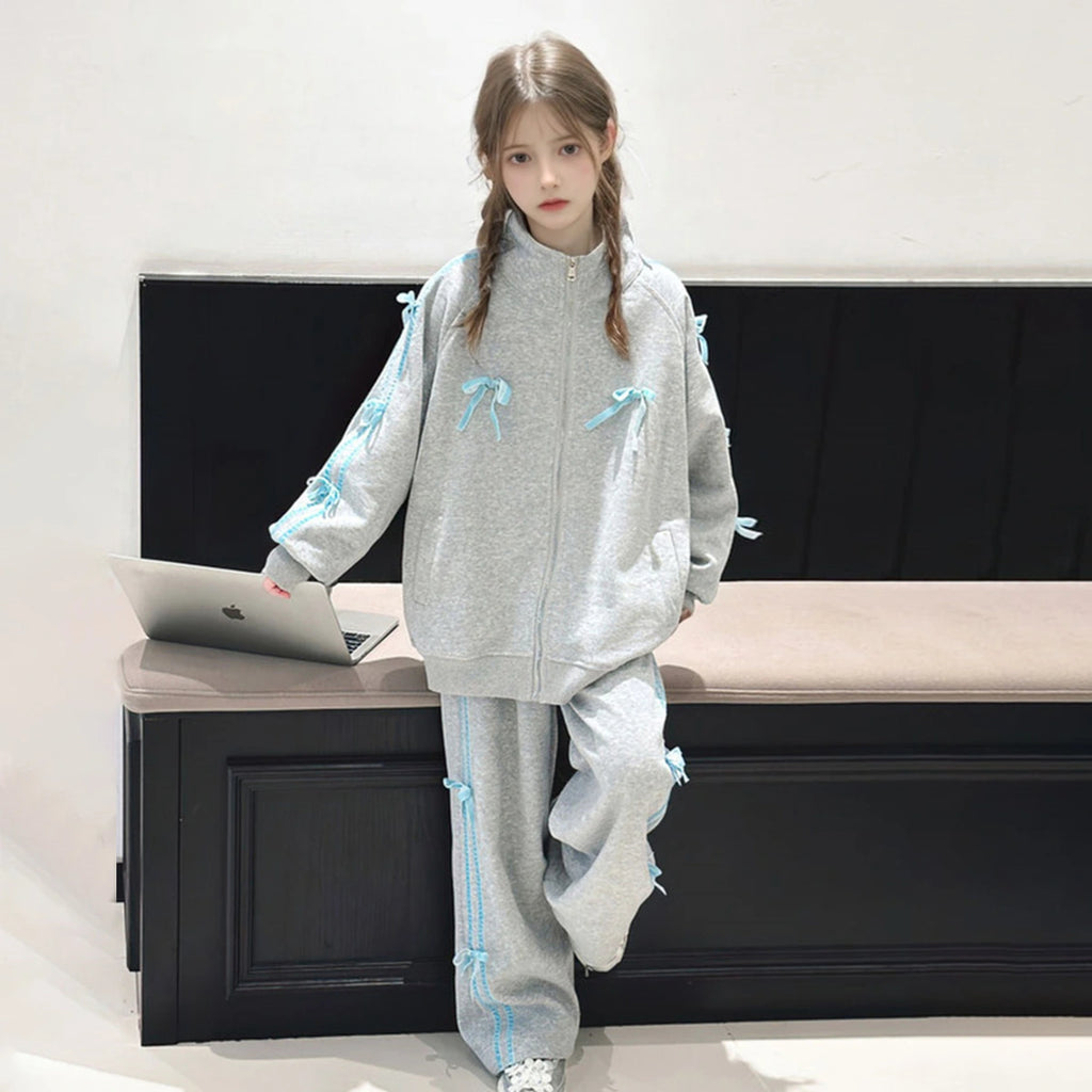 Girls Grey Bow Detailed Oversized Zip-up Jacket With Pants Co-ord Sets Sets