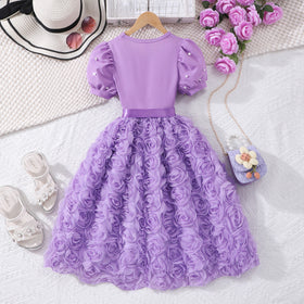 Girls Purple Rose Appliqued Puff Sleeves Fit And Flared Dress Casual Dresses