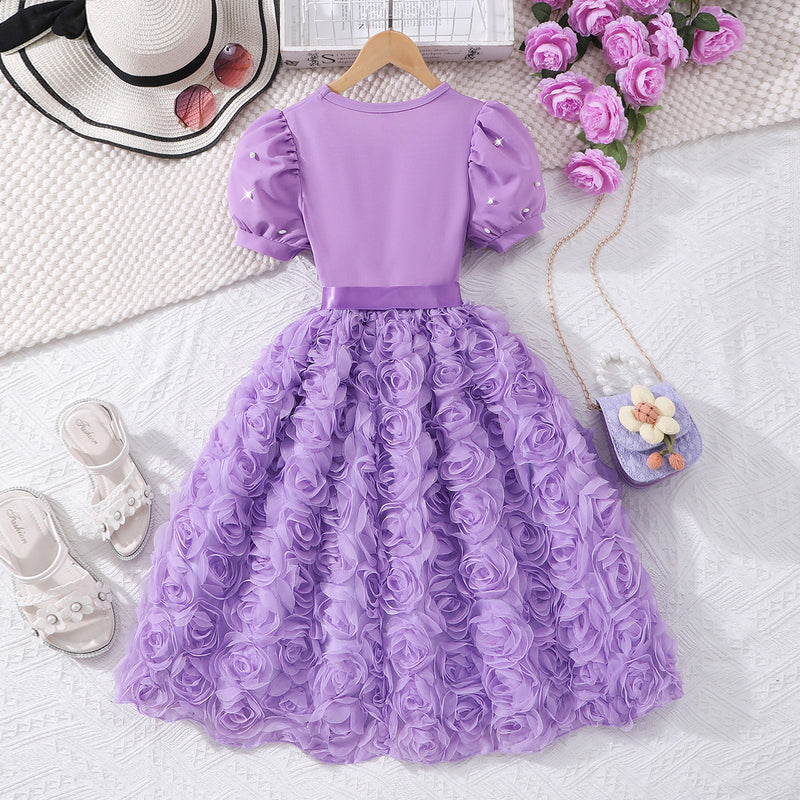 Girls Purple Rose Appliqued Puff Sleeves Fit And Flared Dress Casual Dresses
