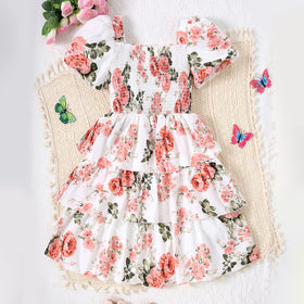 Girls White Floral Printed Puff Sleeves Dress Casual Dresses White 7-8 Y