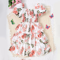 Girls White Floral Printed Puff Sleeves Dress Casual Dresses White 7-8 Y