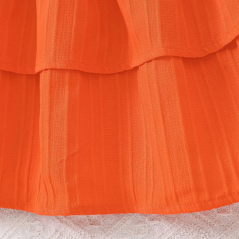 Girls Orange Geometric Printed Top With Tiered Skirt Sets Sets