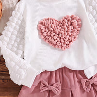 Girls White Heart Applique Puff Sleeve Top With Skirt Sets 2 pc. Sets