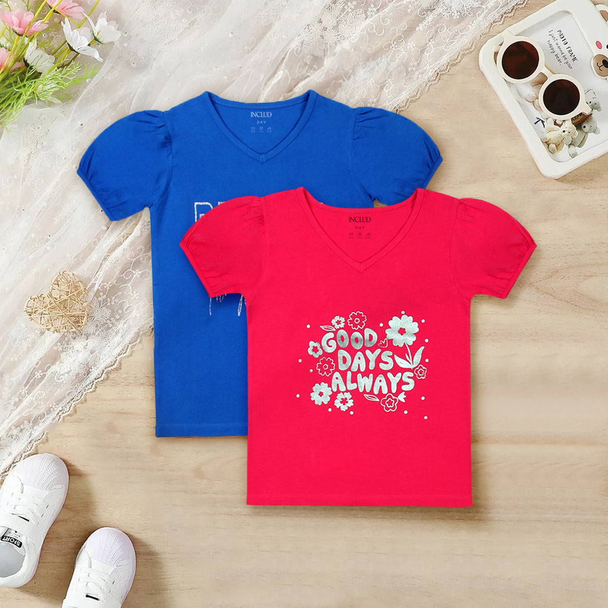 Girls Multicolor Typographic V-Neck Summer T-Shirt- Pack Of 2 Tshirts