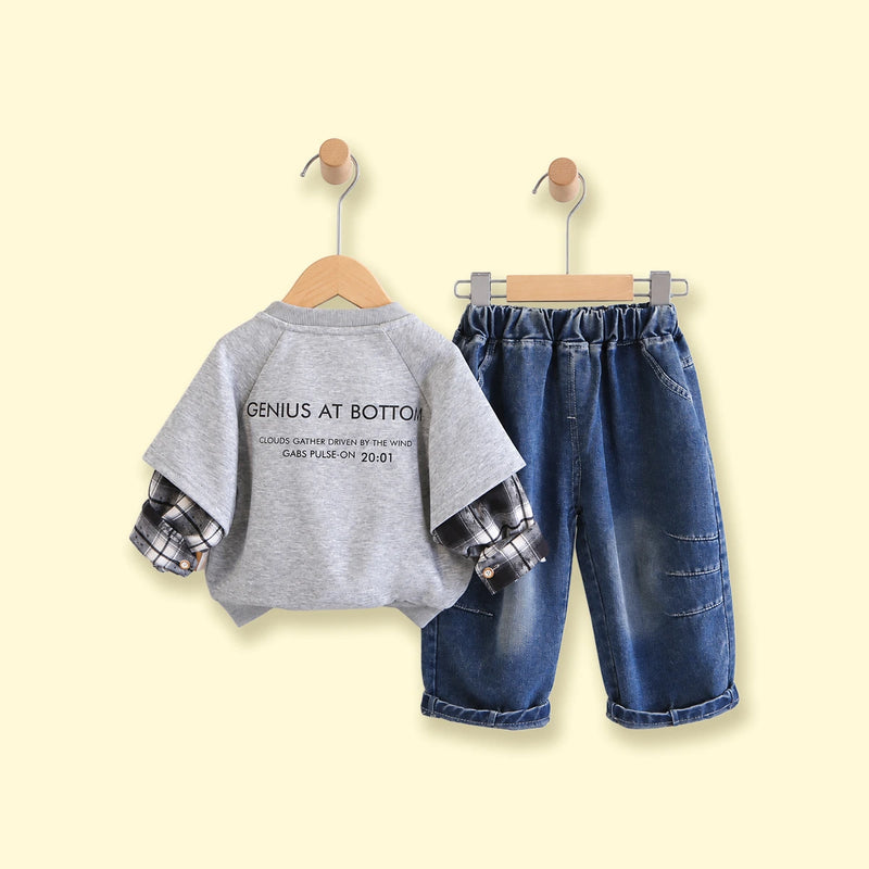 Boys Light Grey Typography Sweatshirt With Denim Pants 2 pc. Sets