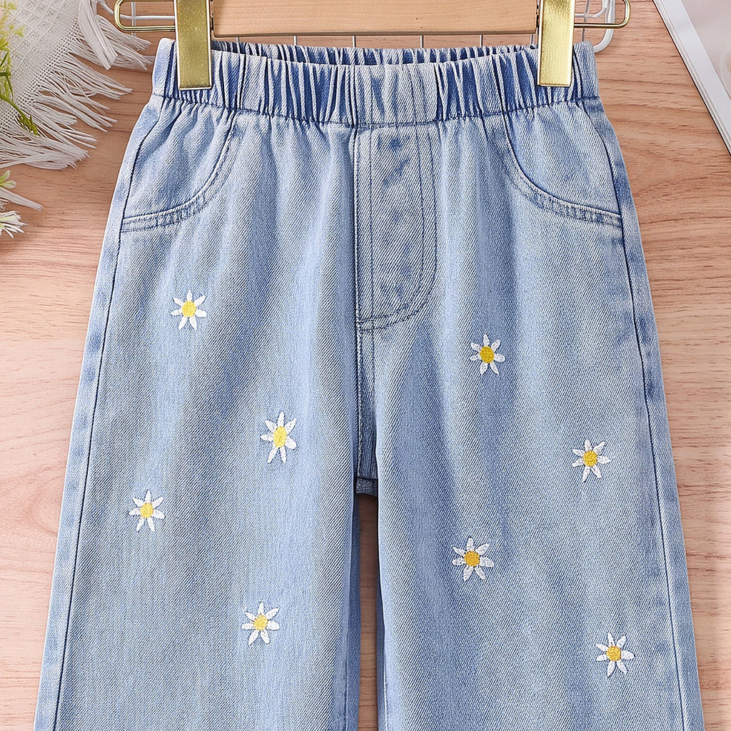 Girls Light Blue Floral Embroidered Relaxed Fit Denim Jeans Pants
