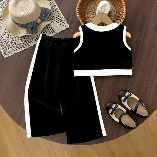 Girls Black Color-blocked Sleeveless Top With Elasticated Wide-Leg Pants Sets 2 pc. Sets