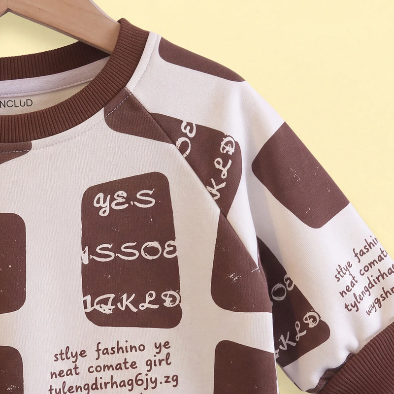 Boys Brown Typographic Sweatshirt & Denim Pants Sets Sets