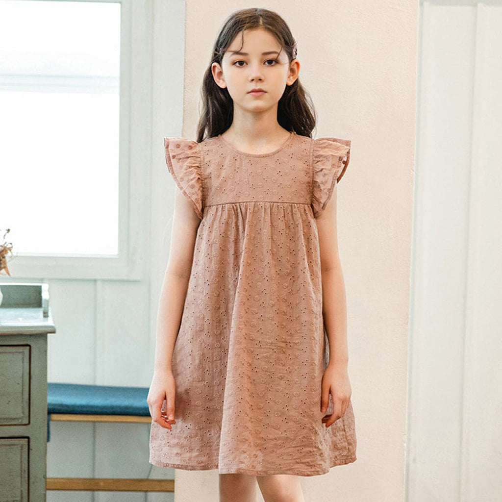 Girls Schiffli Empire A-Line Dress Casual Dresses Brown 4-5 Y 