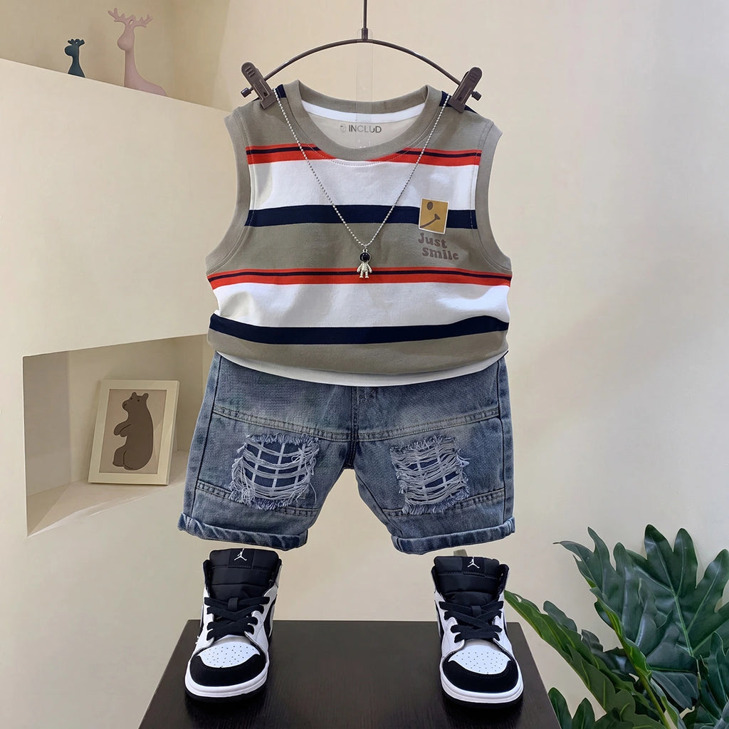 Boys Multicolour Striped T-Shirt With Denim Shorts Sets 2 pc. Sets Multicolor 1-2 Y