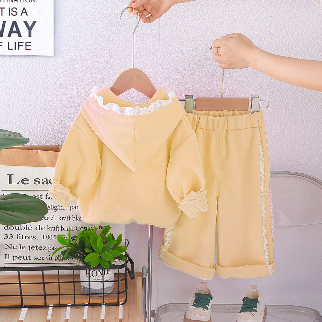 Girls Lime Yellow Solid Hooded Sweatshirt With Pants Co-ord Set 2 pc. Sets