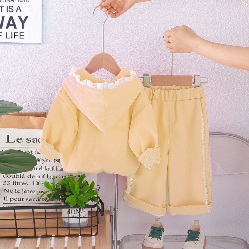 Girls Lime Yellow Solid Hooded Sweatshirt With Pants Co-ord Set 2 pc. Sets