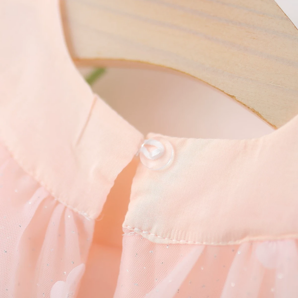 Girls Pink Floral Print Tulle Overlay A-Line Dress With Flower Applique Casual Dresses