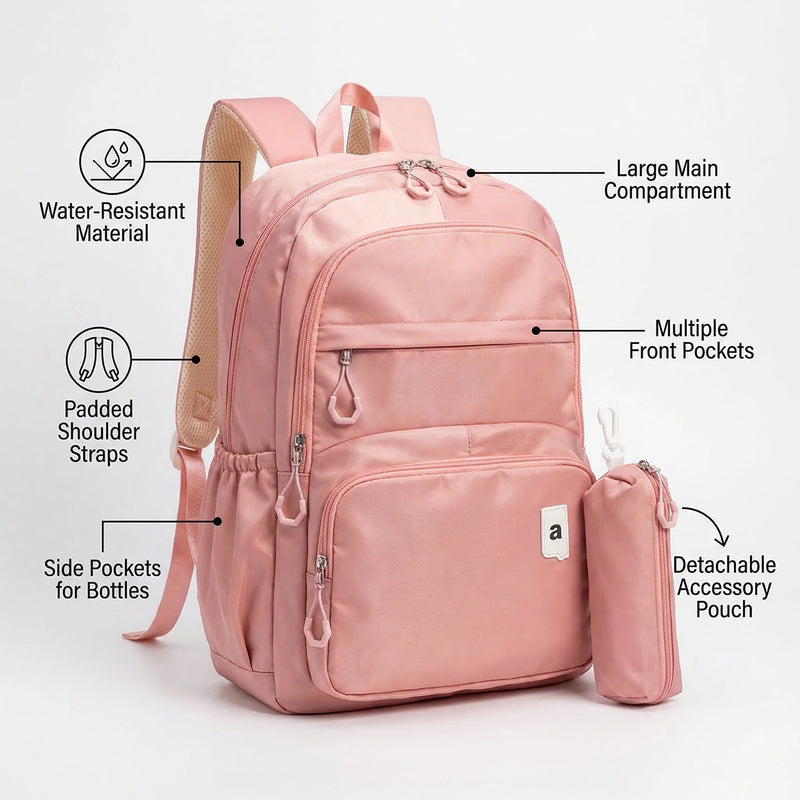 Girls Pink Multi-Compartment School Backpack with Side Pouch Trending Accessories