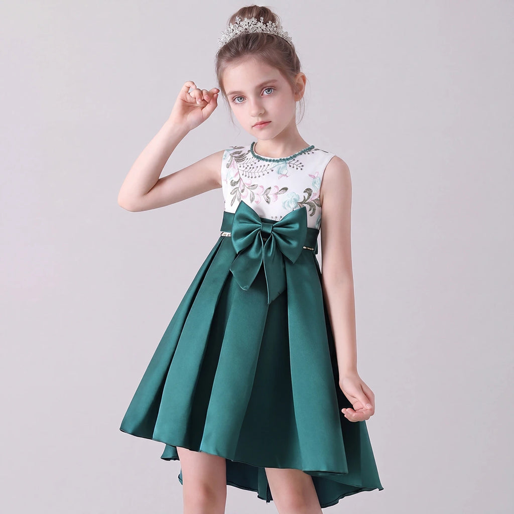Girls Green Embroidered Sleeveless High-Low Party Wear Dress Party Dresses