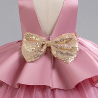 Girls Pink Flared Party Wear Dress With Sequin Bow Party Dresses