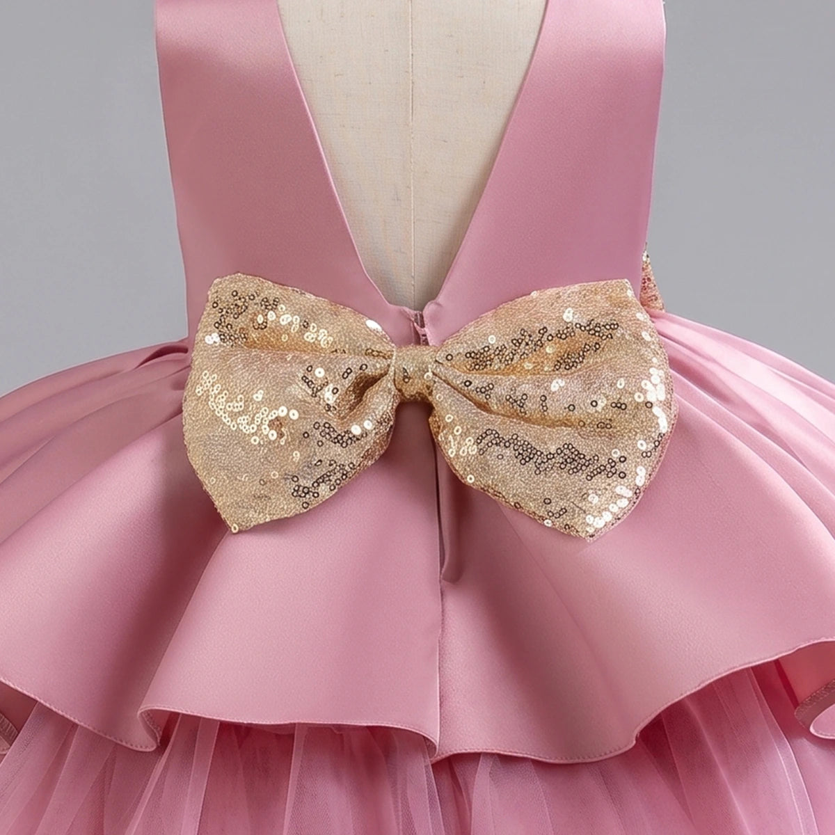 Girls Pink Flared Party Wear Dress With Sequin Bow Party Dresses