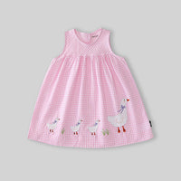 Girls Pink Gingham Checked Sleeveless A-line Dress With Duck Applique Casual Dresses