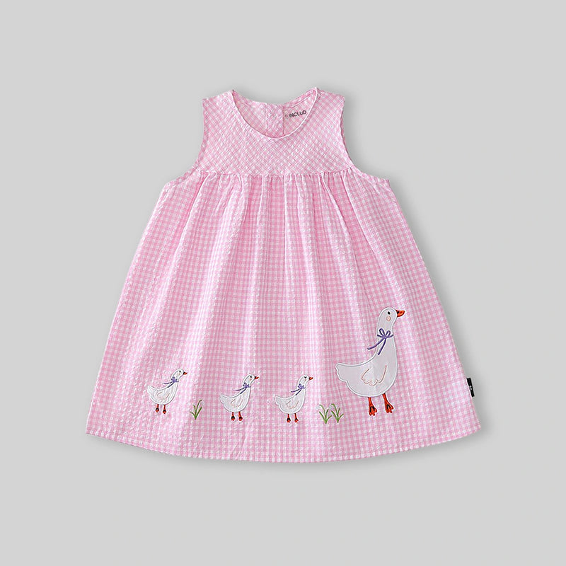 Girls Pink Gingham Checked Sleeveless A-line Dress With Duck Applique Casual Dresses