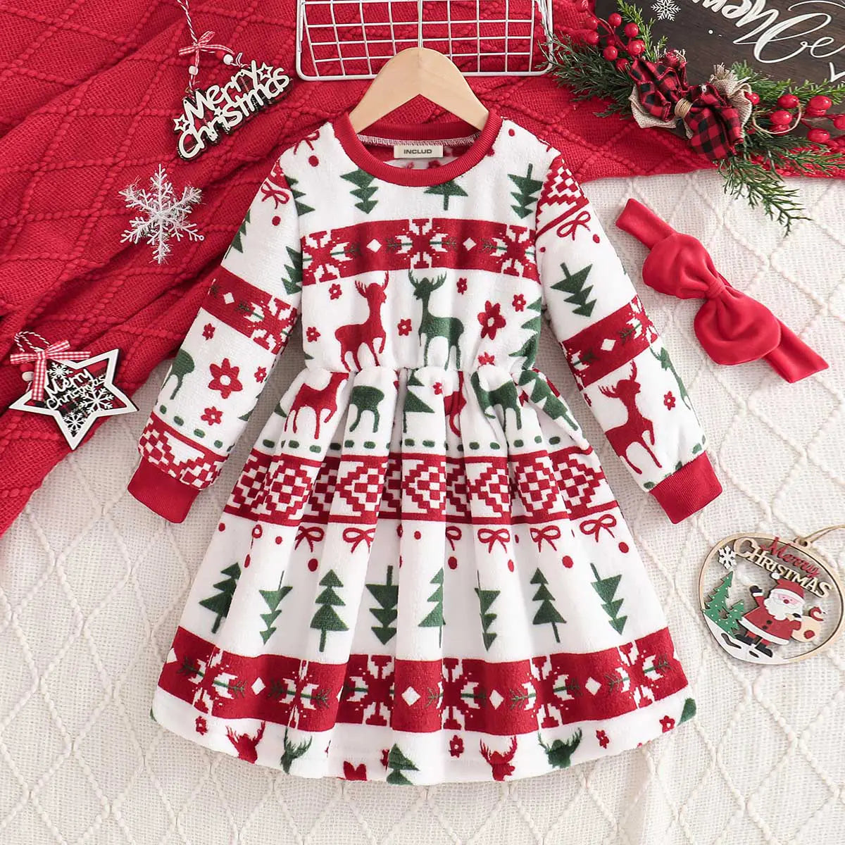 Girls White Self-Design Christmas Patterns Long Sleeves Fit & Flare Dress Casual Dresses