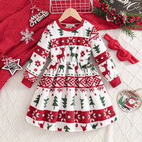 Girls White Self-Design Christmas Patterns Long Sleeves Fit & Flare Dress Casual Dresses